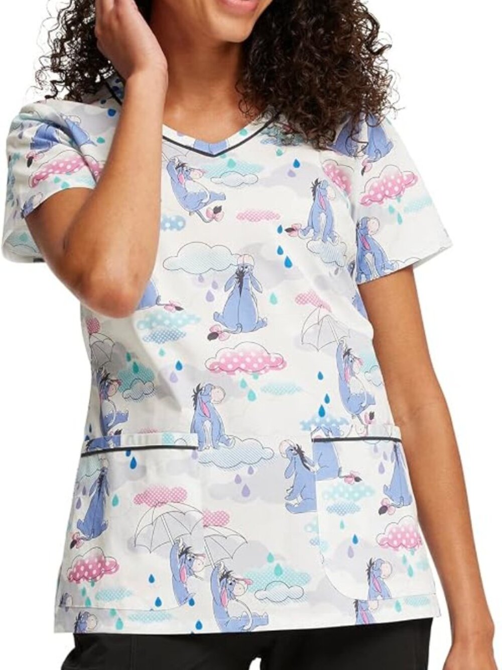 Disney Eeyore Sunshower Womens Scrub Top V-Neck Short Sleeve Pockets Size Small